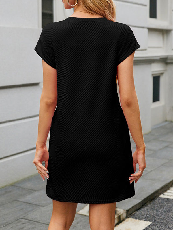 A-line Loose Jacquard Pockets Color Round-neck Mini Dresses