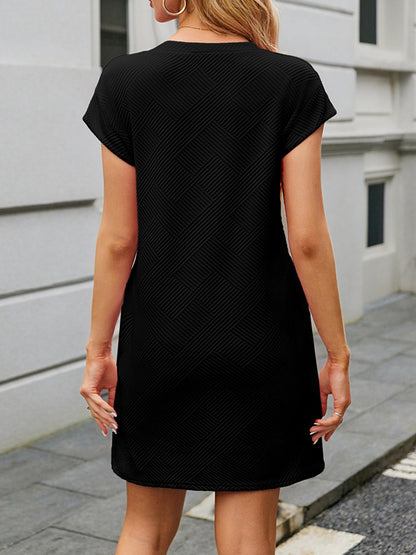 A-line Loose Jacquard Pockets Color Round-neck Mini Dresses