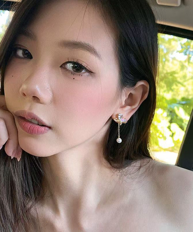Gold Copper Overgild Asymmetrical Pearl Butterfly Tassel Drop Earrings