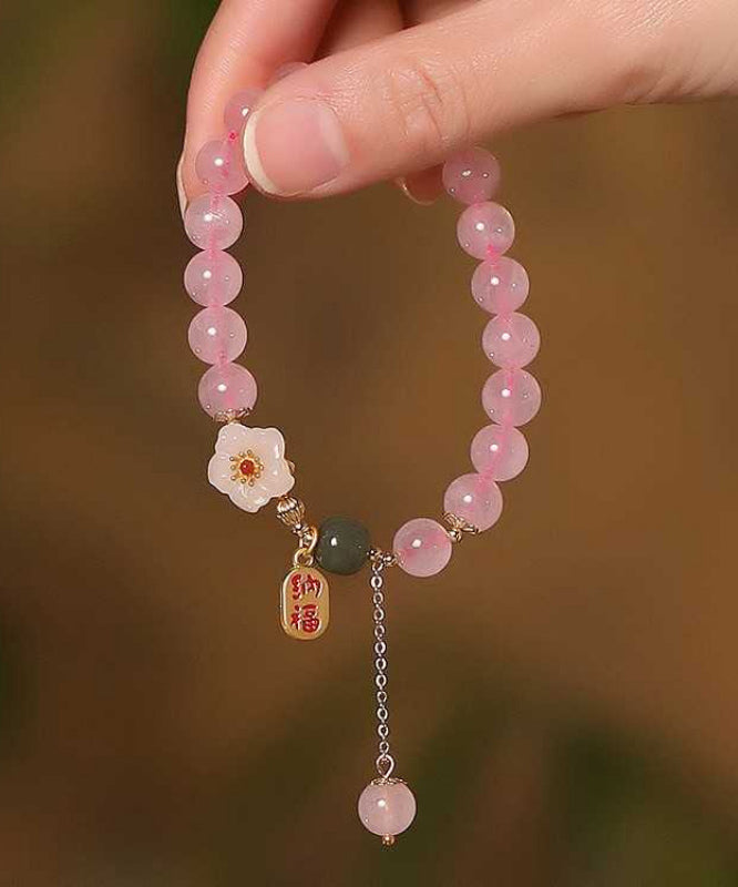 Pink Sterling Silver Alloy Crystal Peach Blossom Charm Bracelet
