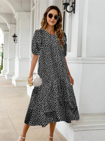 Summer New ’s Print Dress Puff Short Sleeves Ruffles Loose A-line Midi Dresses Beach Vacation Vestidos