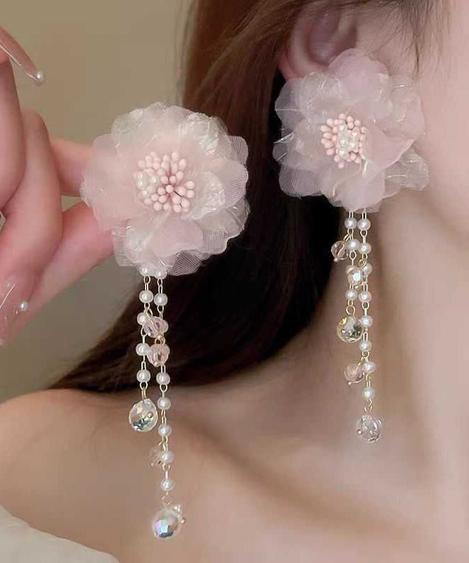 Pink Crystal Pearl Tulle Tassel Drop Earrings