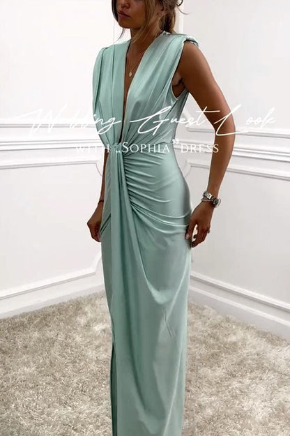 Classic and Dates V-neck Ruched Drape Slit Midi Dress
