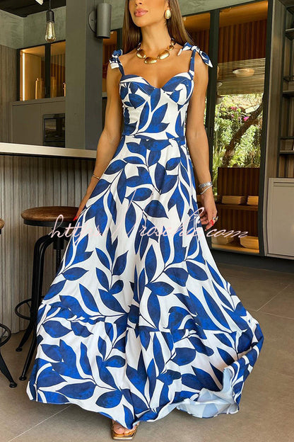 High Waisted Strappy Print Halter Panel Maxi Dress