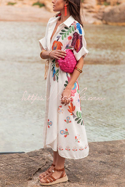 Plant Print Lapel Short Sleeve Waist Tie Loose Vacation Midi Dress