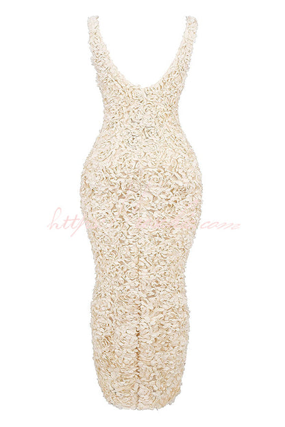 Champagne Party Rose Applique Slit Pencil Maxi Dress
