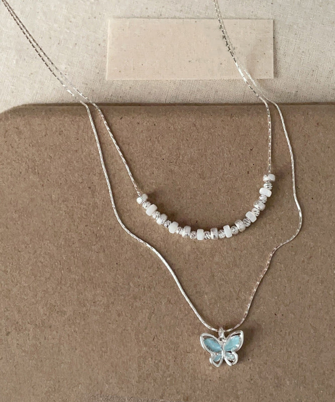Boutique Blue Copper Crystal Butterfly Double-layer Pendant Necklace