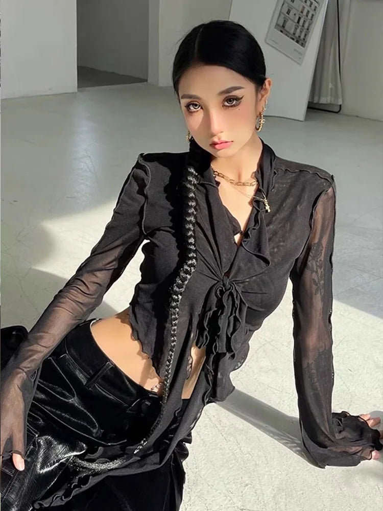 Long Flare Sleeve Blouses for Lace-up Mesh Sweet Hot Korean Style All-match Design