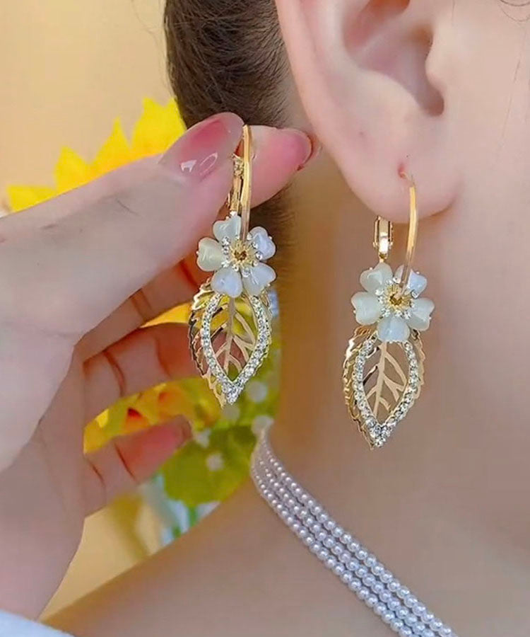 Fine Gold Sterling Silver Overgild Zircon Cat's Eye Leaves Drop Earrings