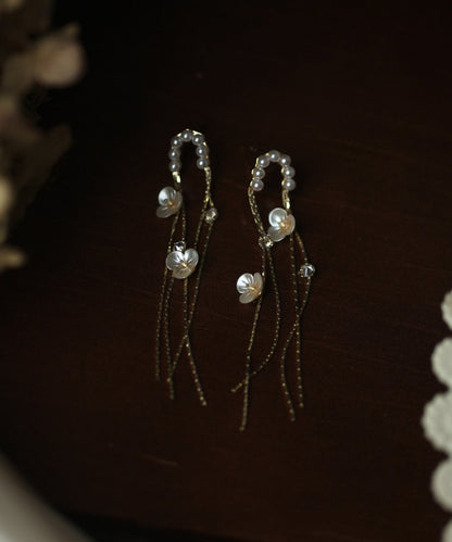Skinny Gold Alloy Pearl Tassel Drop Earrings