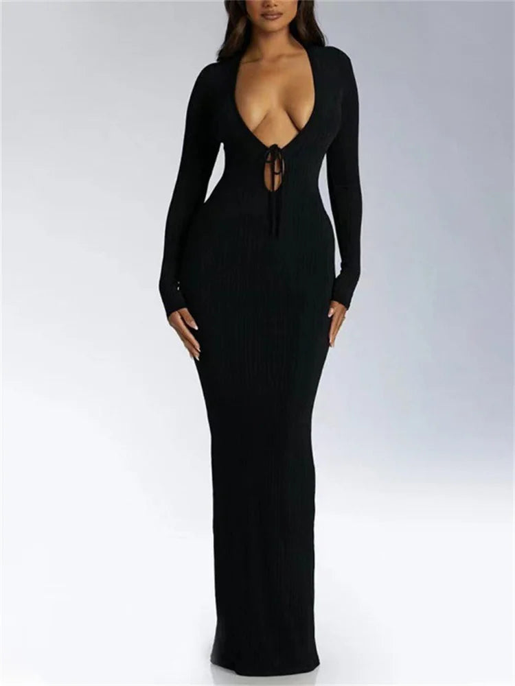 V-neck High Waist Slim Maxi Dress – Bandage Long Sleeve Party Dress Summer