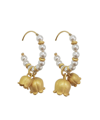 Pearl Patchwork Small Bell 14k Gold Hoop Earrings