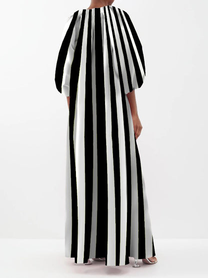Puff Sleeves Three-quarter Sleeves Striped V-neck Maxi Dresses