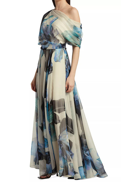 Unique Printed Short-sleeved One-shoulder Maxi Dress
