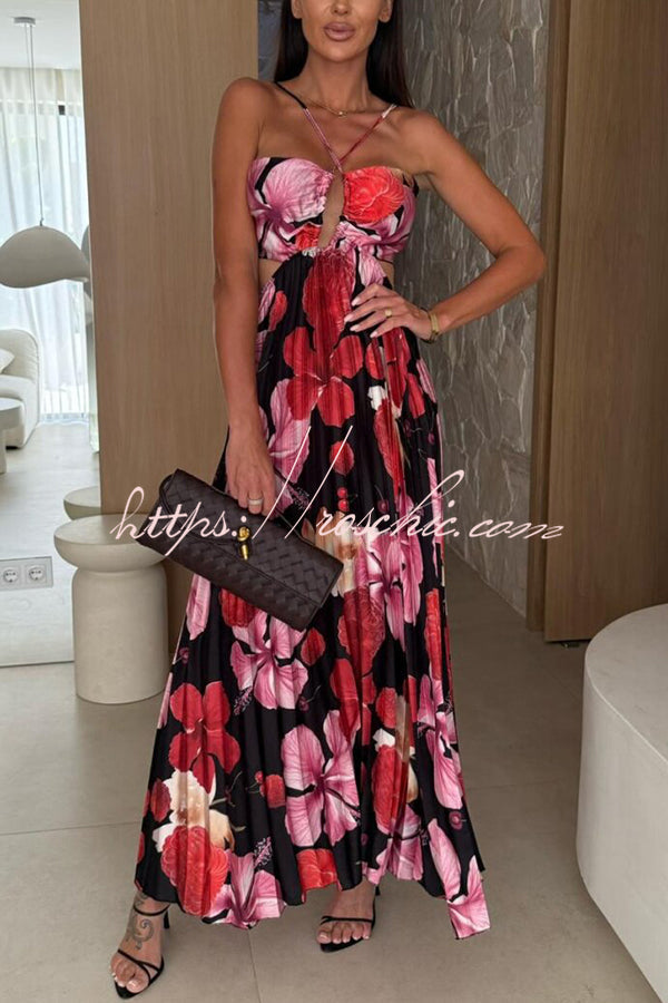 Casey Satin Print Cutout Halter Back Tie-up Pleated Maxi Dress