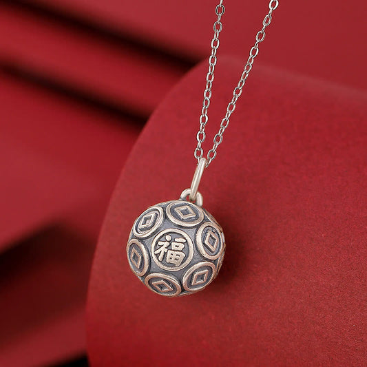 990 Sterling Silver Fu Character Luck Pendant Necklace