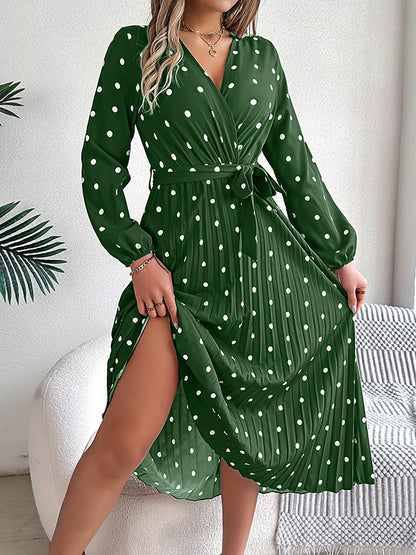 A-line High Waisted Elasticity Pleated Polka-dot Split-joint Tied Waist V-neck Midi Dresses Shirt Dress