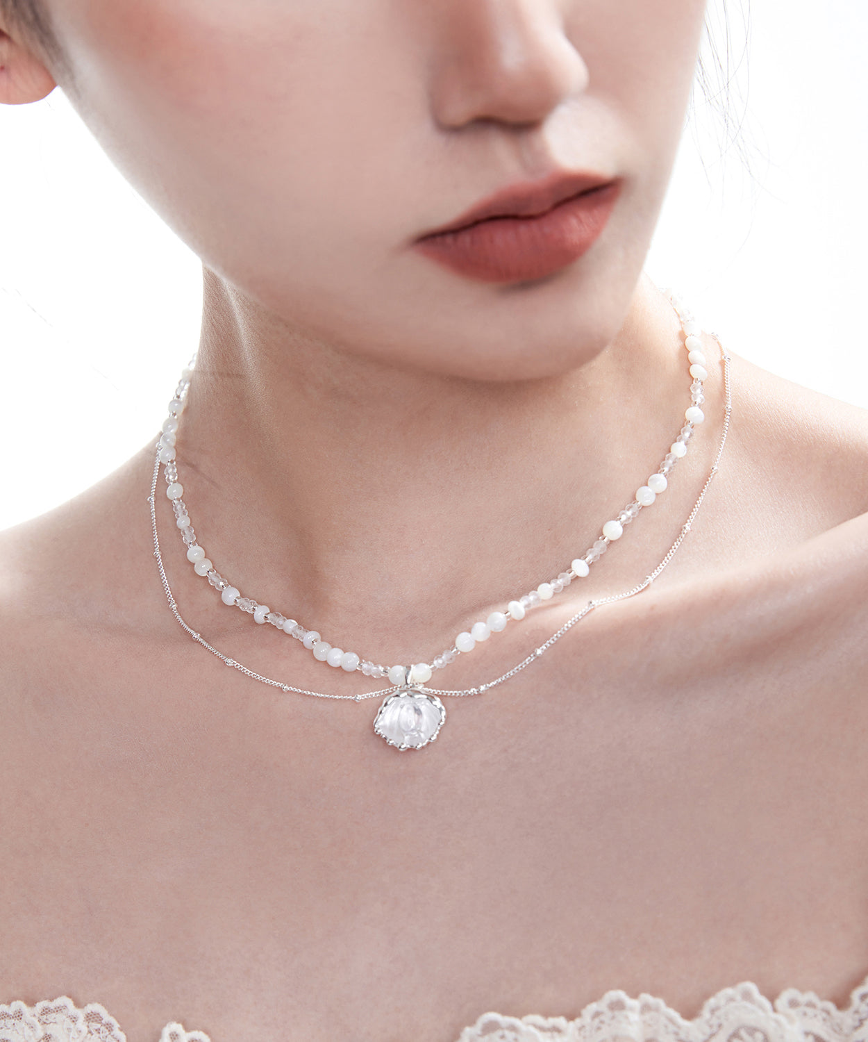 Flower Pendant Crystal Double Layer Chain Silver Plated Choker