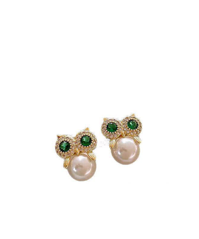 Gold Copper Alloy Zircon Owl Pearl Stud Earrings