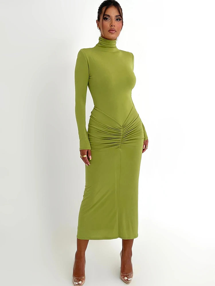 High Neck Long Sleeve Elastic Tight Dress for Folds Bodycon Wrap Hip Midi Dress Female Party Club Evening Dress