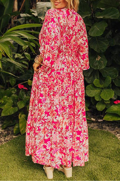 Rose V Neck Flounce Sleeve Maxi Dress