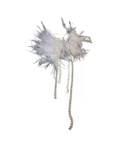 White Alloy Zircon Butterfly Plume Tassel Drop Earrings
