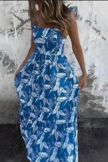 Hollow Tie Feather Print Ruffle Sleeve Maxi Dress