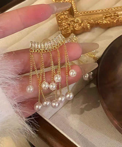 Gold Copper Overgild Pearl Tassel Drop Earrings
