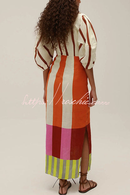 Kaya Linen Blend Color Block Print Front Cutout Knot Puff Sleeve Maxi Dress