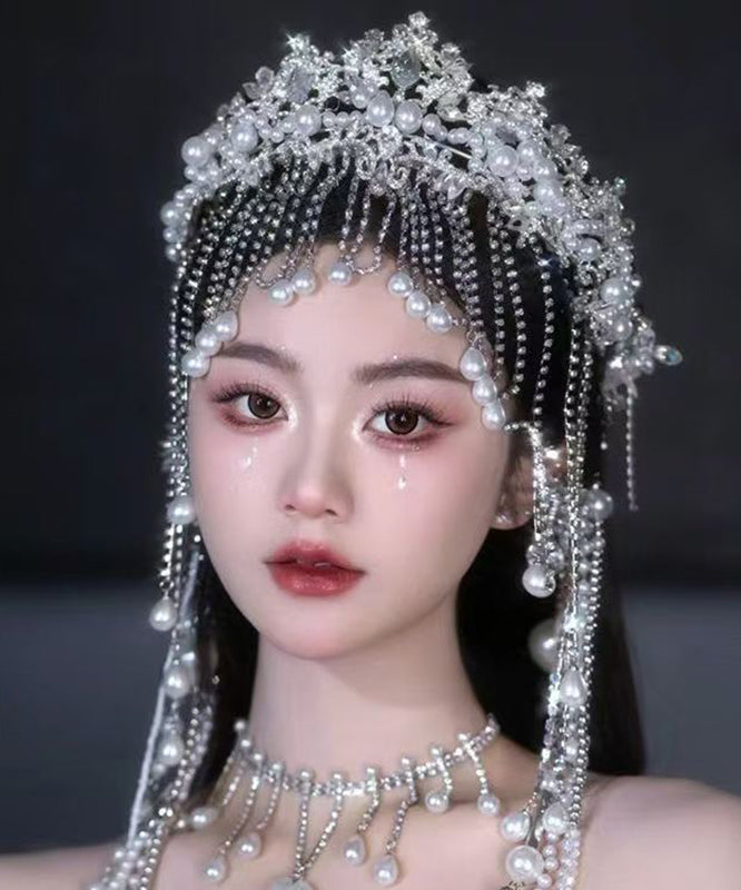 Vogue White Alloy Zircon Pearl Crown , Necklace and Hairpiece Three-piece Set