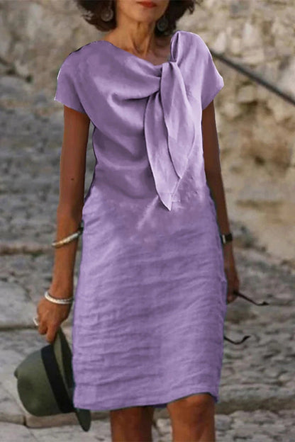 Linen Blend Short-sleeved Adjustable Tie-neck Mini Dress