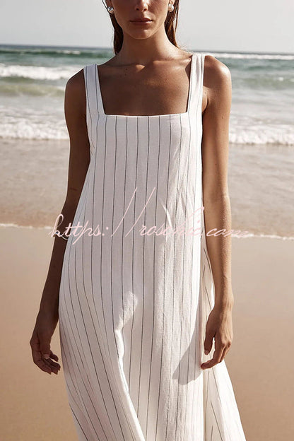 Simple and Linen Blend Pinstripe Detail Square Neck A-line Maxi Dress
