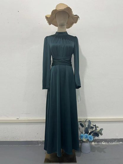Long Sleeves Loose Pleated Color Tied Waist Mock Neck Maxi Dresses