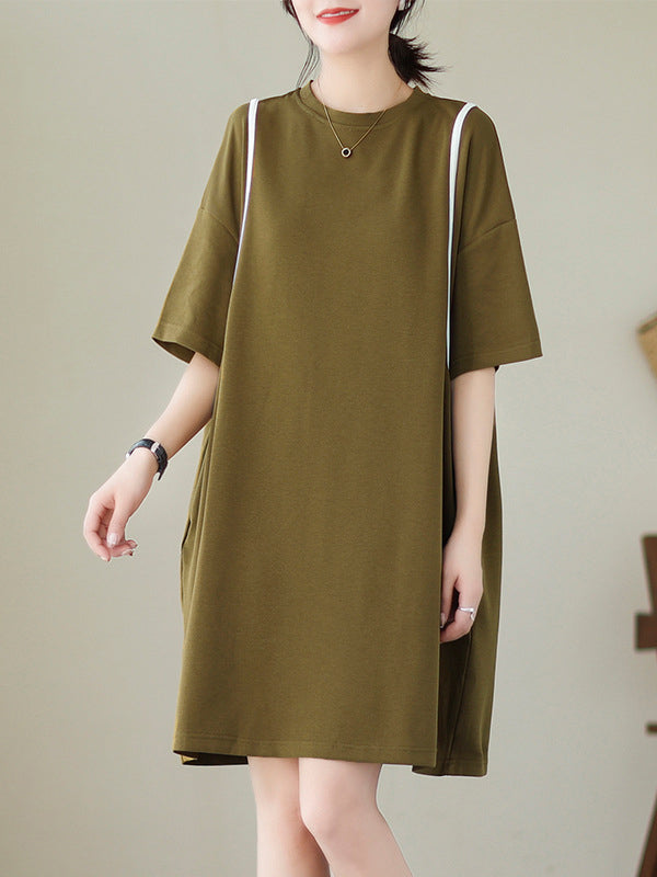 Loose Short Sleeves Split-joint Round-neck Mini Dresses