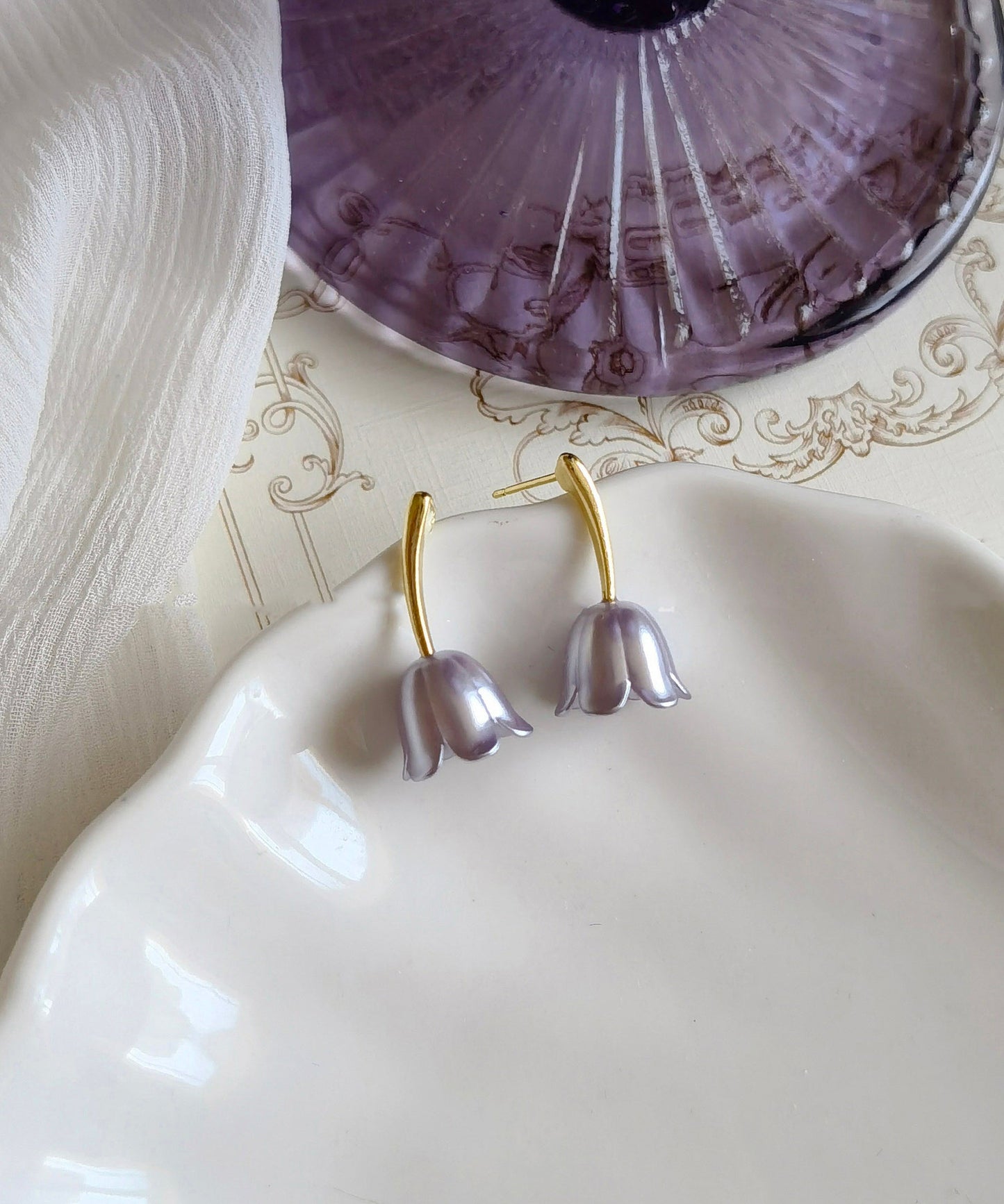 French Gold Copper Alloy Lily of the Valley Stud Earrings