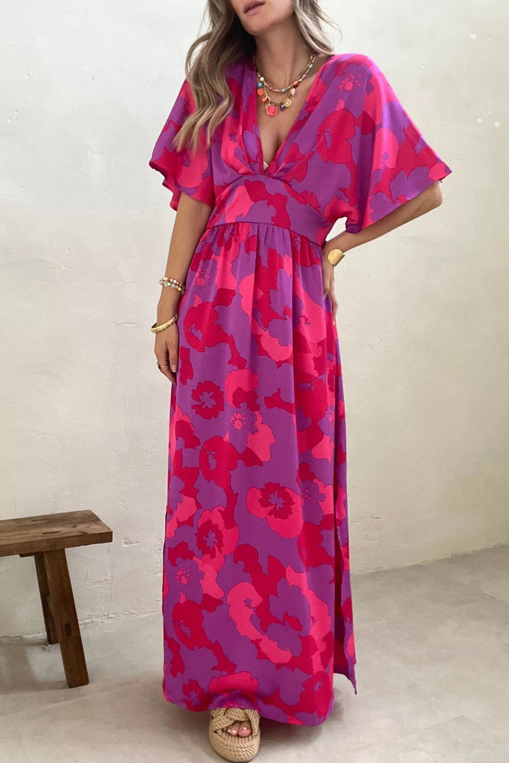 Rose Abstract Print V Neck Dolman Maxi Dress