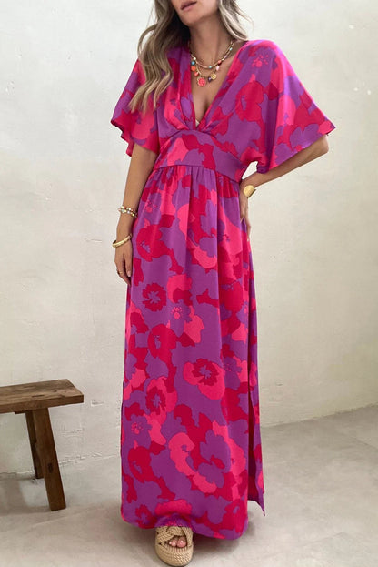 Rose Abstract Print V Neck Dolman Maxi Dress