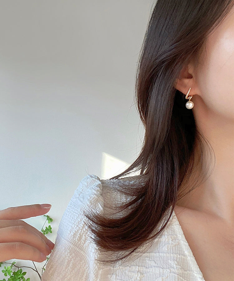 Gold Sterling Silver Overgild Zircon Pearl Hoop Earrings