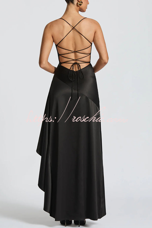 Color Backless Lace-up Irregular Ruffled Maxi Dress