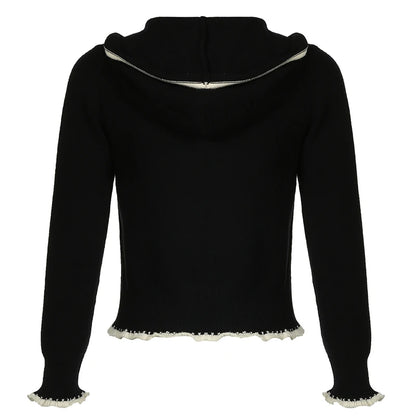 Black Lace Trim Knitted Sweater Cardigan Autumn Winter New Coat Sweet Basic All-match