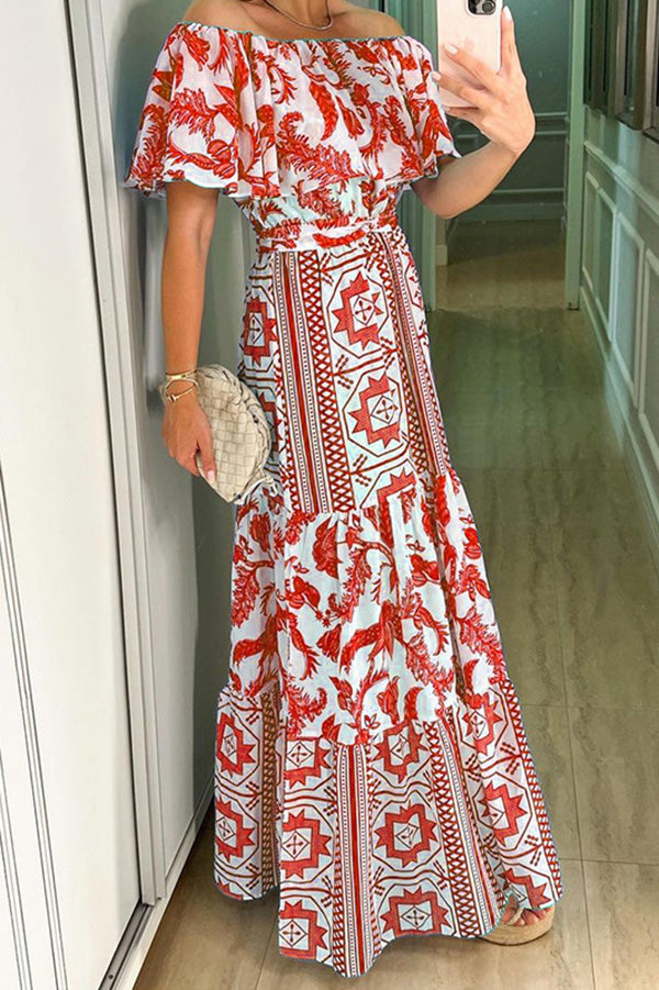 Irene Print Off the Shoulder Belted Ruffle Maxi Dress