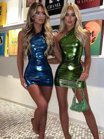 Silver Pu Mini Dress Bodycon Sleeveless High Waisted Sheath Dresses Party Slim Dress New