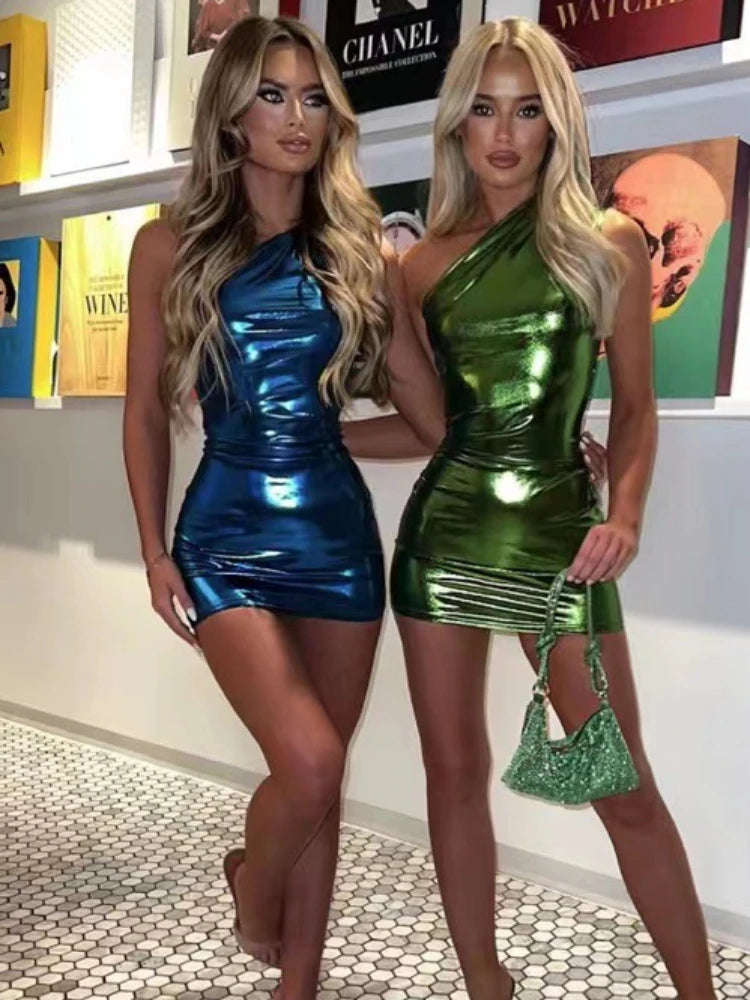 Silver Pu Mini Dress Bodycon Sleeveless High Waisted Sheath Dresses Party Slim Dress New
