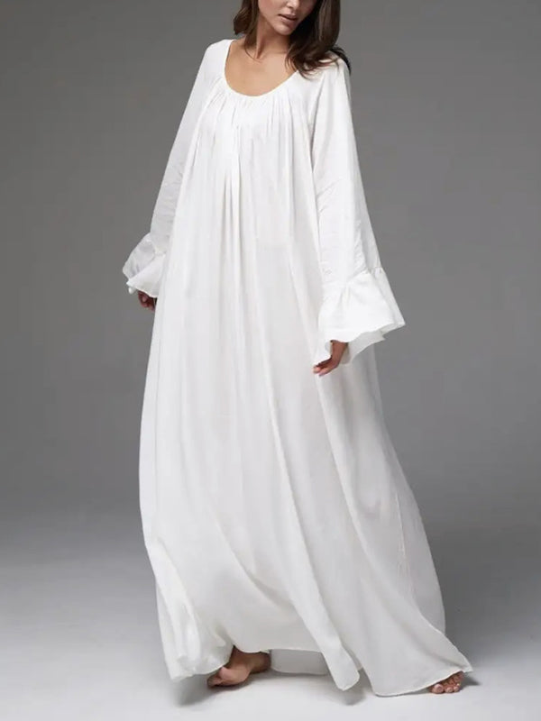 A-line Flared Sleeves Pleated Color Split-joint Round-neck Maxi Dresses