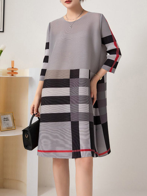 A-line Loose Contrast Color Plaid Pleated Round-neck Mini Dresses