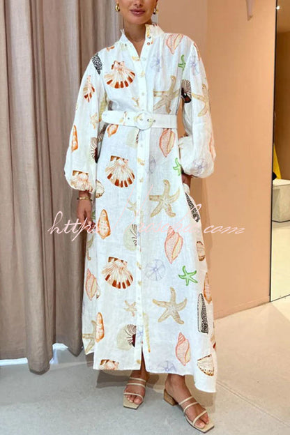 Swinton Marine Element Print Pocket Balloon Sleeve Belted Maxi Dress