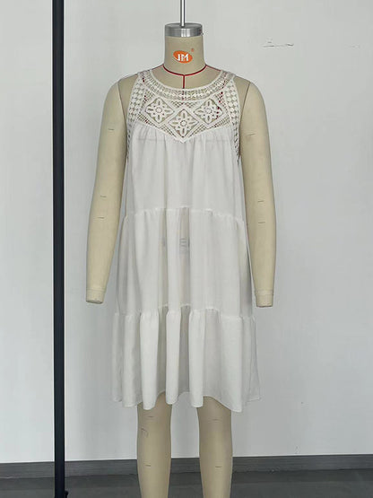A-line Loose Hollow Pleated Color Split-joint Round-neck Mini Dresses