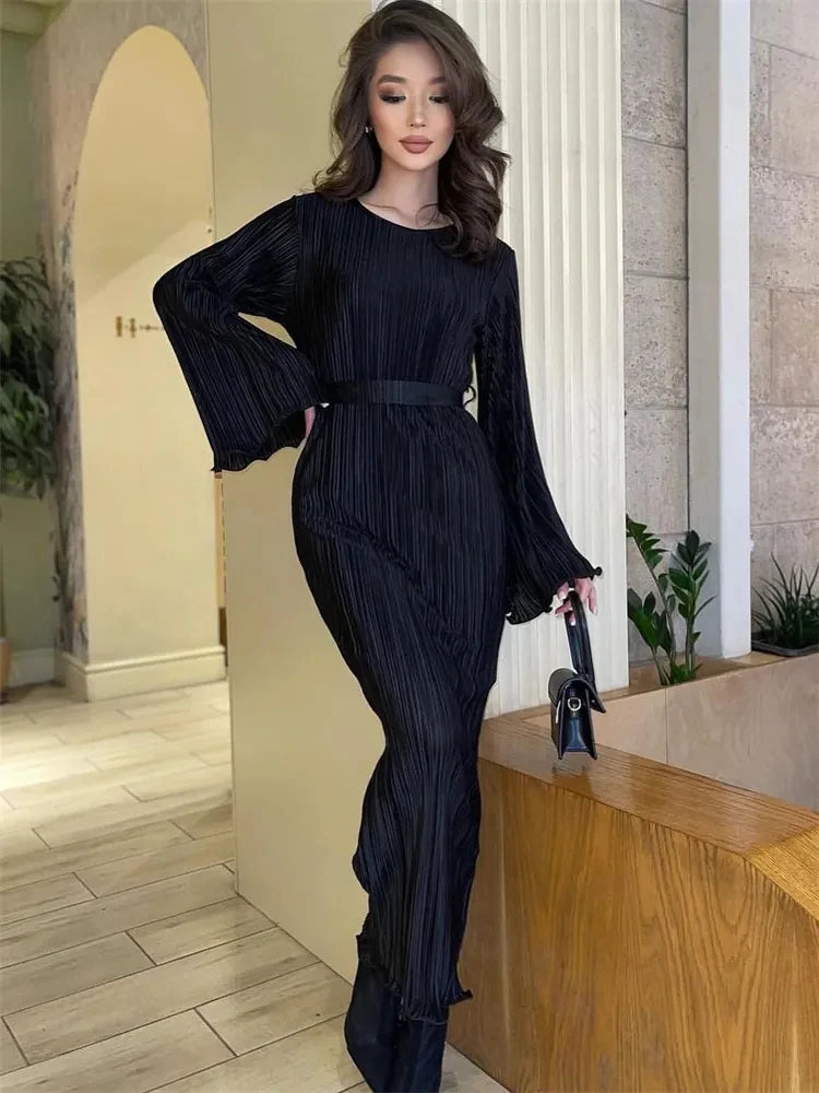Ruffled Lace Up Maxi Dresses for Ribbed High Waist Long Dress ’s Bandage Femme Dress Autumn