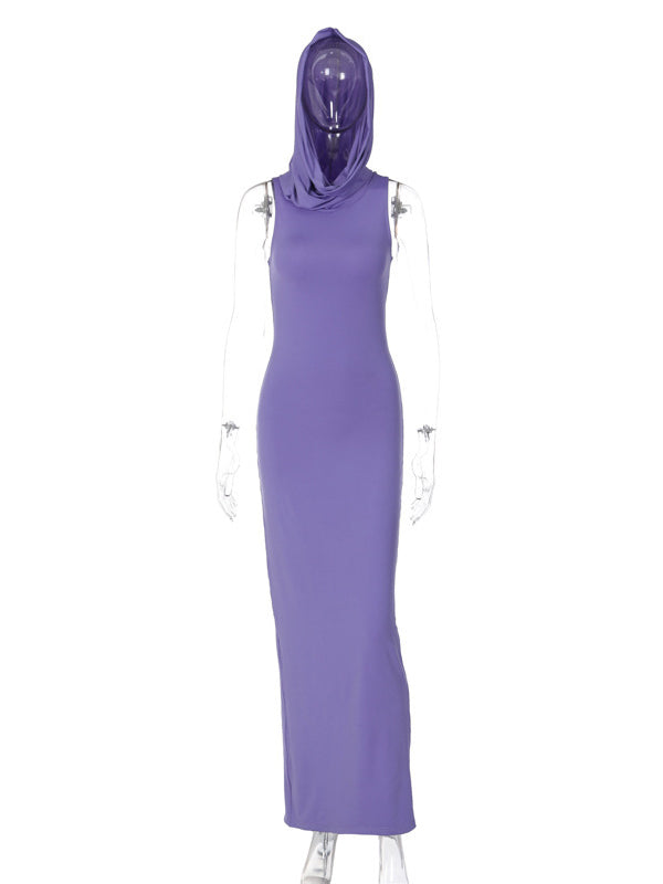 Bodycon High Waisted Hooded Color Split-back Maxi Dresses