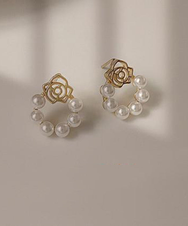 Classy White Copper Overgild Pearl Hollow Out Hoop Earrings